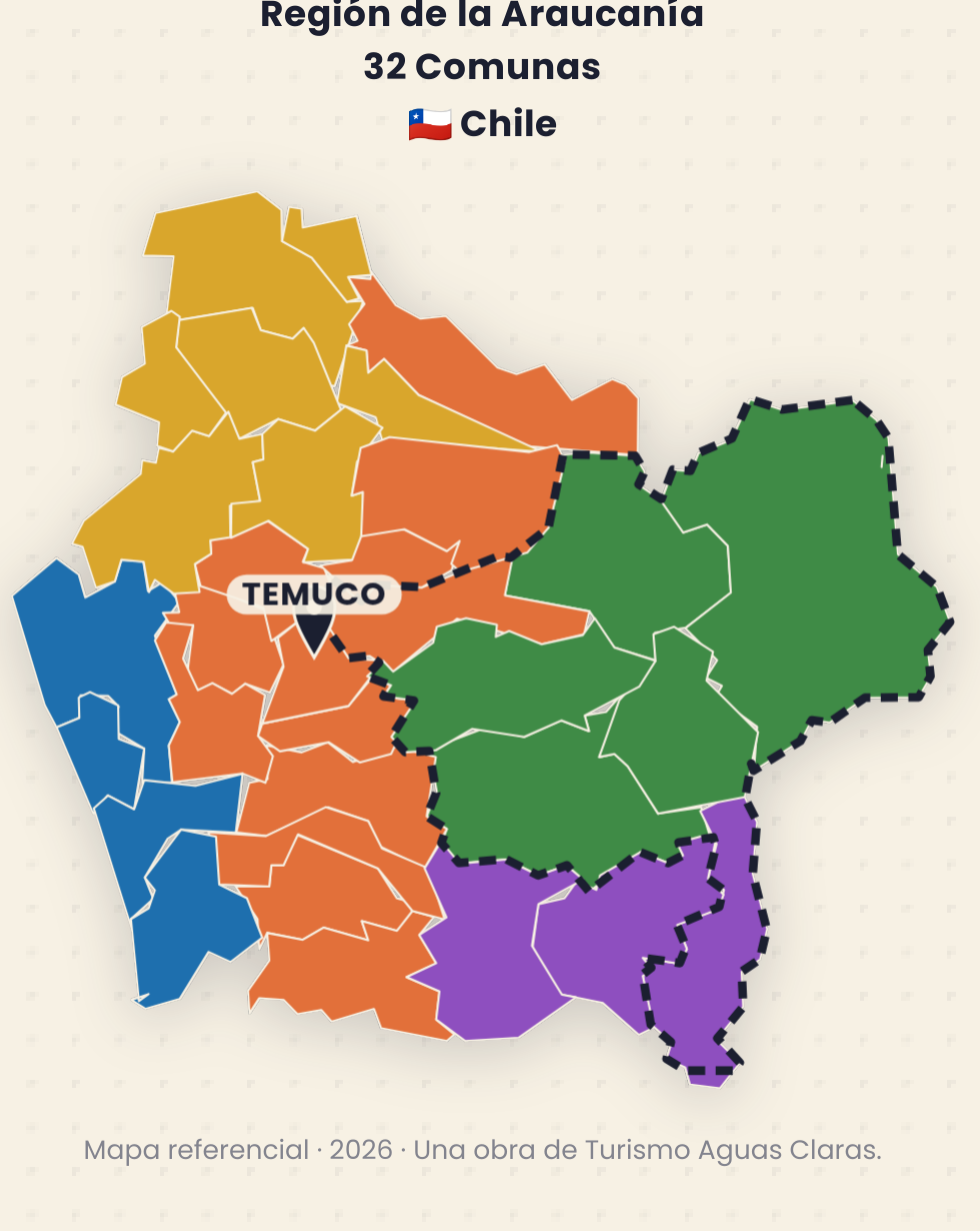 Mapa de las cinco zonas de la Región de la Araucanía, 32 comunas, Chile